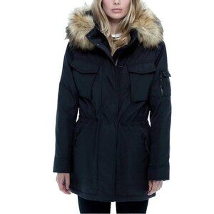 S13 New York Woman's Sz Large Black Anorak Utility Field Parka Faux Fur Hood